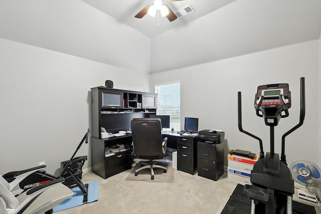 8161 Watson Rd, Lantana, TX 76226 - home office featuring light colored carpet, ceiling fan, and high vaulted ceiling