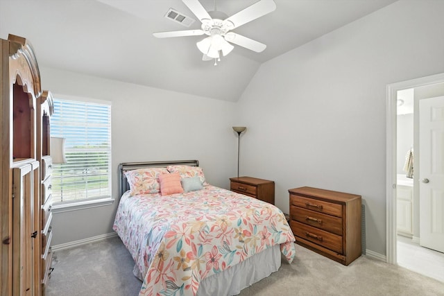 8161 Watson Rd, Lantana, TX 76226 - bedroom featuring light colored carpet, lofted ceiling, ceiling fan, and connected bathroom