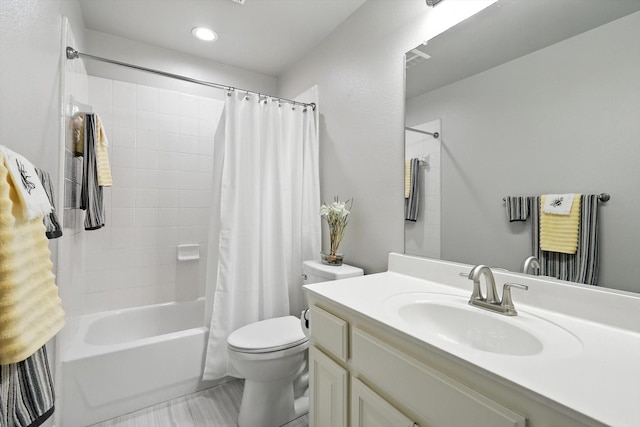 8161 Watson Rd, Lantana, TX 76226 - bathroom featuring vanity, shower / bathtub combination with curtain, and recessed lighting