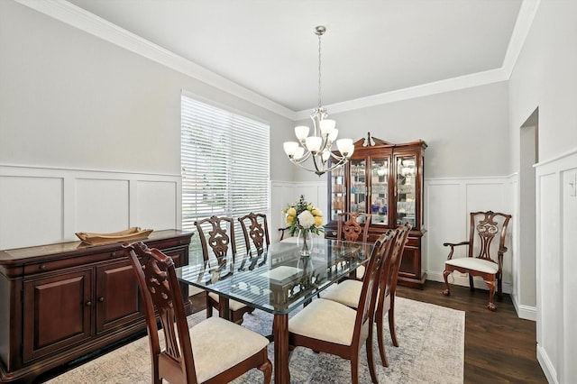 8161 Watson Rd, Lantana, TX 76226 - dining space featuring a chandelier, a decorative wall, ornamental molding, a wainscoted wall, and dark wood-type flooring