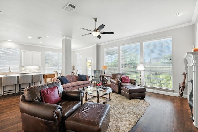 8161 Watson Rd, Lantana, TX 76226 - living area with ornamental molding, ceiling fan, dark wood-type flooring, ornate columns, and recessed lighting