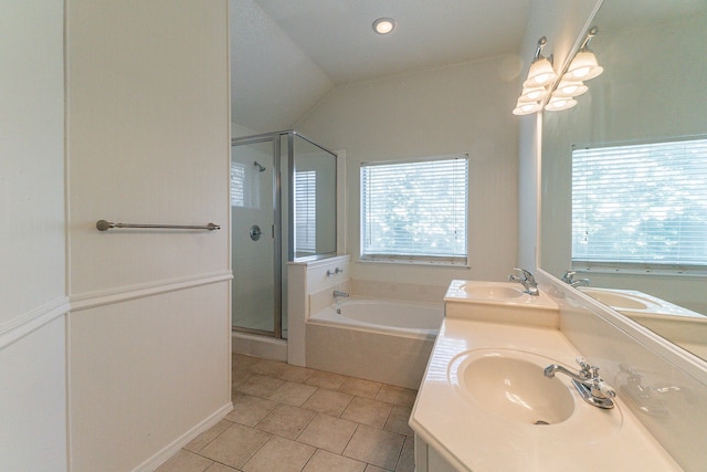 6736 Braeview Dr, Fort Worth, TX 76137 - bathroom with a bath, a stall shower, tile patterned floors, double vanity, and a chandelier