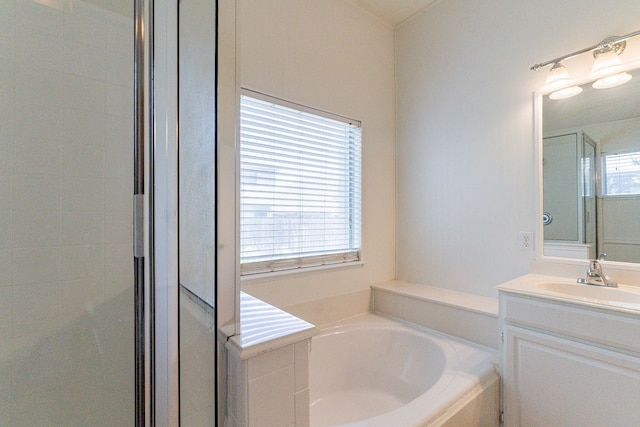 6736 Braeview Dr, Fort Worth, TX 76137 - full bathroom featuring a bath, vanity, and an enclosed shower