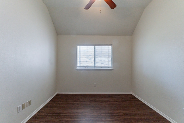 6736 Braeview Dr, Fort Worth, TX 76137 - empty room with vaulted ceiling, ceiling fan, and dark wood-type flooring