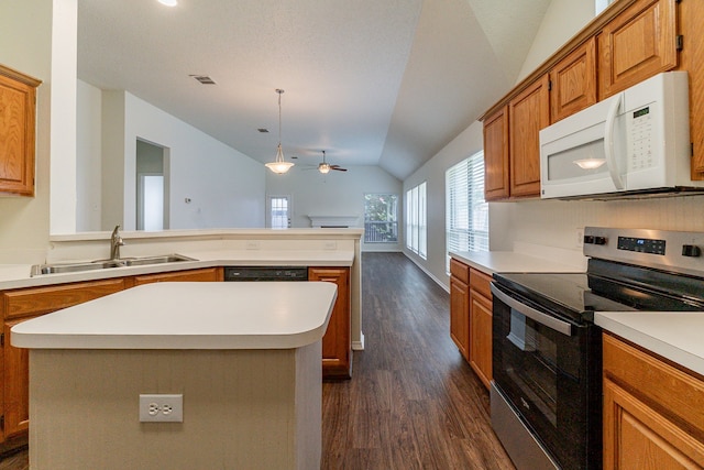 6736 Braeview Dr, Fort Worth, TX 76137 - kitchen with white microwave, stainless steel electric range oven, vaulted ceiling, a ceiling fan, and dark wood finished floors