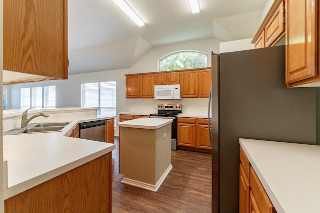 6736 Braeview Dr, Fort Worth, TX 76137 - kitchen with appliances with stainless steel finishes, a kitchen island, vaulted ceiling, dark wood finished floors, and brown cabinetry