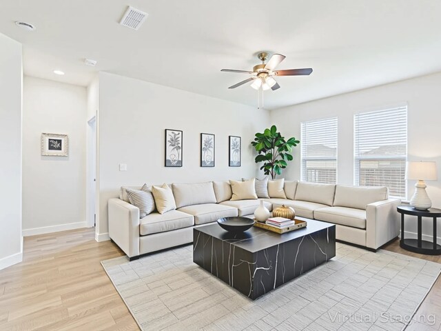 1016 Croxley Way, Fort Worth, TX 76247 - living room with ceiling fan, light wood-style flooring, and recessed lighting