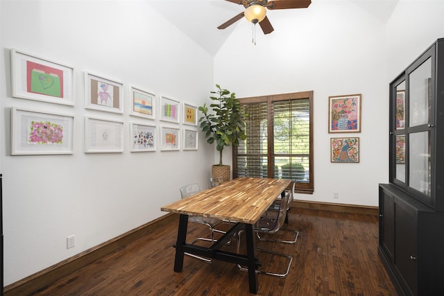 1861 Sand Creek Dr, Prosper, TX 75078 - office area featuring ceiling fan, dark wood-style flooring, and high vaulted ceiling
