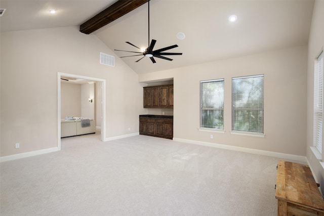 1861 Sand Creek Dr, Prosper, TX 75078 - unfurnished living room with beam ceiling, ceiling fan, light carpet, and high vaulted ceiling