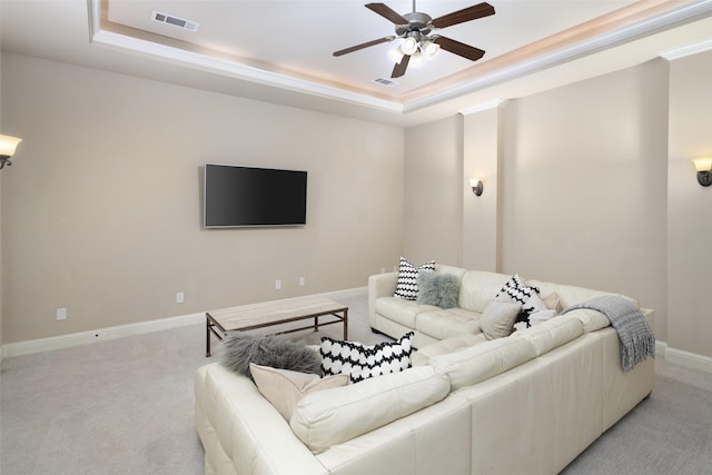 1861 Sand Creek Dr, Prosper, TX 75078 - living area featuring a tray ceiling, a ceiling fan, and light colored carpet
