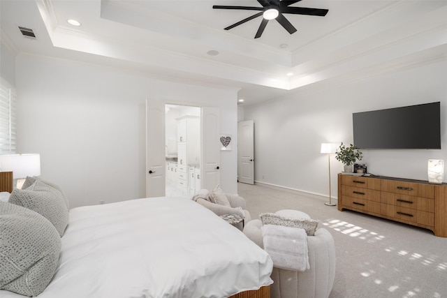 1861 Sand Creek Dr, Prosper, TX 75078 - bedroom featuring crown molding, a raised ceiling, light colored carpet, recessed lighting, and a ceiling fan