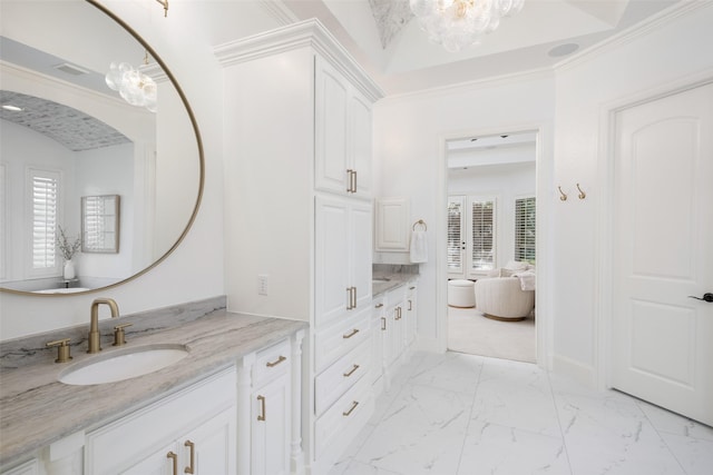 1861 Sand Creek Dr, Prosper, TX 75078 - bathroom with vanity, a chandelier, and marble finish floors