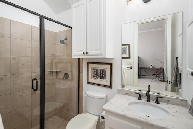 1861 Sand Creek Dr, Prosper, TX 75078 - bathroom with vanity, a shower stall, and crown molding