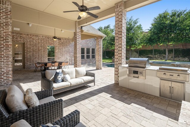 1861 Sand Creek Dr, Prosper, TX 75078 - view of patio featuring area for grilling, ceiling fan, outdoor dining space, and an outdoor living space