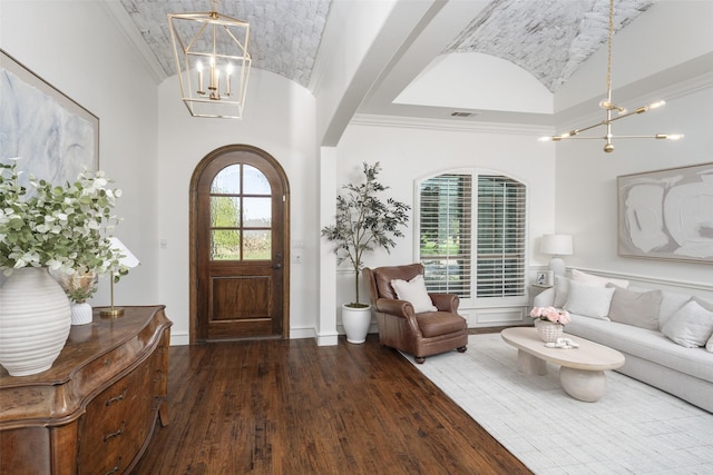 1861 Sand Creek Dr, Prosper, TX 75078 - foyer featuring a chandelier, wood-type flooring, and lofted ceiling