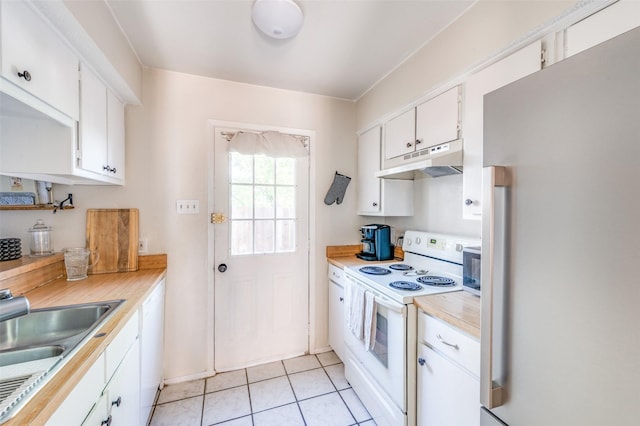 1161 Dallas Dr, Denton, TX 76205 - kitchen featuring white appliances, under cabinet range hood, light countertops, white cabinetry, and light tile patterned flooring