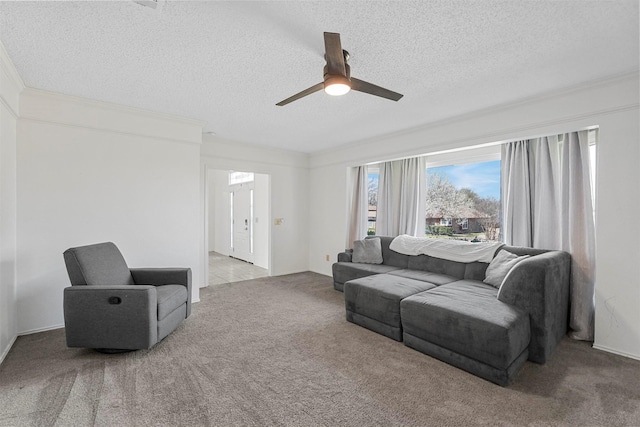 1512 La Paz Dr, Plano, TX 75074 - carpeted living area with ceiling fan and a textured ceiling