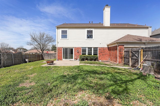 1512 La Paz Dr, Plano, TX 75074 - rear view of property with a patio, brick siding, a fenced backyard, a chimney, and an outdoor fire pit