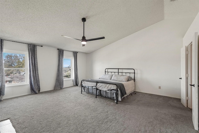 1512 La Paz Dr, Plano, TX 75074 - carpeted bedroom with a textured ceiling, lofted ceiling, and ceiling fan