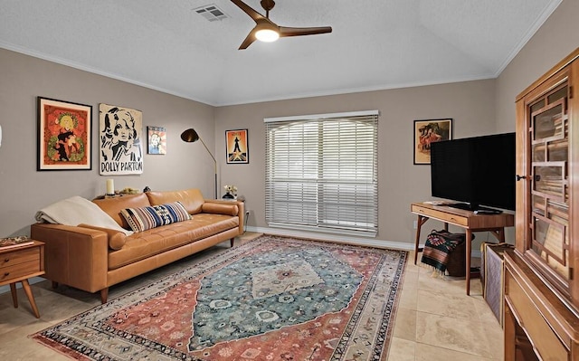 11001 Ridge Point Dr, Woodway, TX 76712 - living room featuring a ceiling fan, crown molding, lofted ceiling, and light tile patterned floors