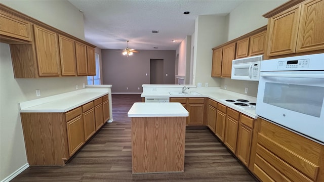 2217 Lone Pecan Dr, Garland, TX 75040 - kitchen with white appliances, dark wood-type flooring, ceiling fan, a center island, and light countertops