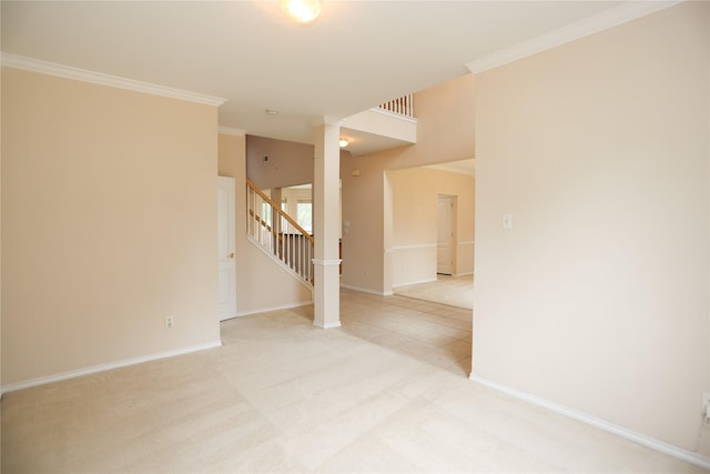 2325 Denham Dr, Arlington, TX 76001 - empty room featuring stairs, ornamental molding, and light colored carpet