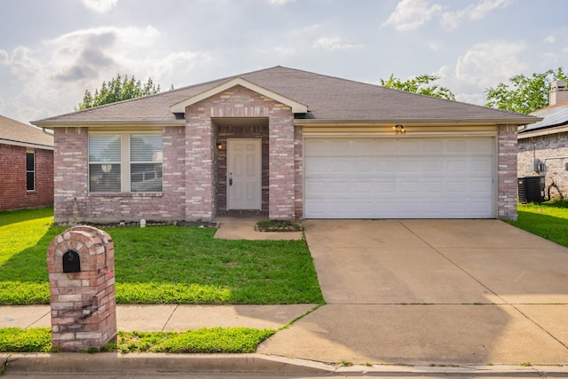 233 Stoneridge Dr, Mesquite, TX 75149 - ranch-style house featuring driveway, brick siding, a front lawn, a garage, and roof with shingles