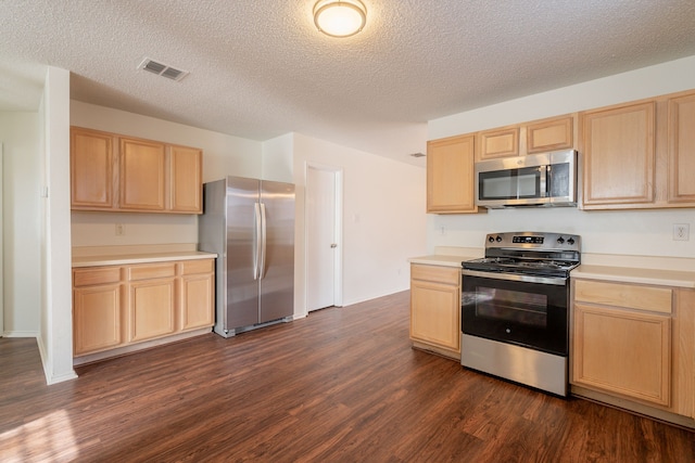 233 Stoneridge Dr, Mesquite, TX 75149 - kitchen featuring stainless steel appliances, light brown cabinetry, dark wood-type flooring, and a textured ceiling