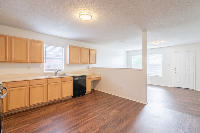 233 Stoneridge Dr, Mesquite, TX 75149 - kitchen with dishwasher, light brown cabinets, dark wood finished floors, healthy amount of natural light, and a textured ceiling