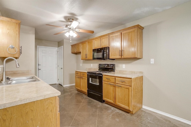 1414 Cheyenne Trl, Granbury, TX 76048 - kitchen featuring black appliances, a ceiling fan, light countertops, and tile patterned floors