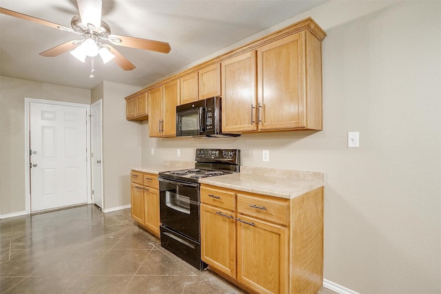 1414 Cheyenne Trl, Granbury, TX 76048 - kitchen featuring black appliances, light countertops, ceiling fan, and tile patterned floors