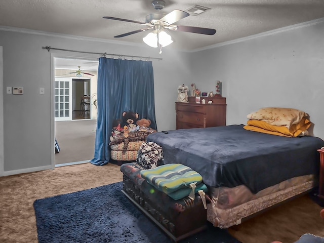 2641 Woodmont Cir, Waco, TX 76710 - carpeted bedroom featuring ornamental molding, ceiling fan, and a textured ceiling