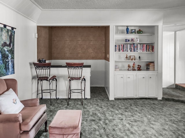 2641 Woodmont Cir, Waco, TX 76710 - carpeted living room featuring ornamental molding, a textured ceiling, and built in shelves