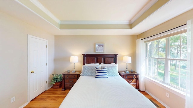 22770 Diamond Bay Dr, Frankston, TX 75763 - bedroom with light wood-style floors, a raised ceiling, and ornamental molding