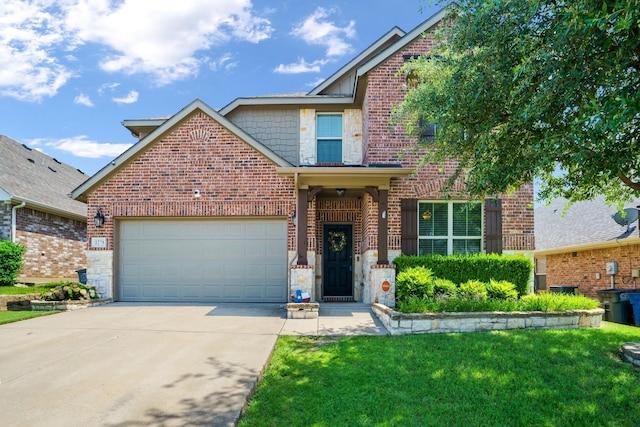 1278 Waterford Dr, Little Elm, TX 75068 - traditional home with brick siding, concrete driveway, an attached garage, and a front yard
