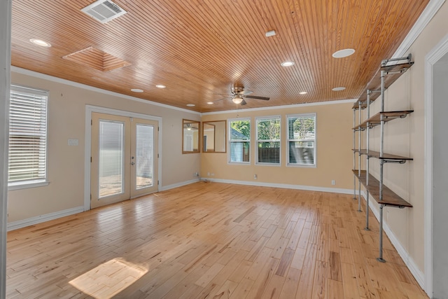 11502 Rupley Ln, Dallas, TX 75218 - spare room featuring ornamental molding, french doors, ceiling fan, wooden ceiling, and light wood finished floors