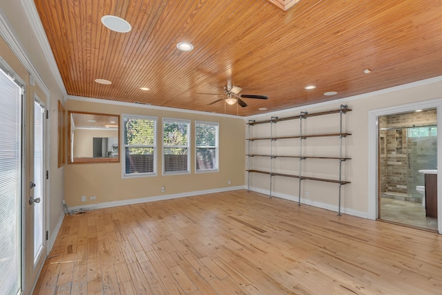 11502 Rupley Ln, Dallas, TX 75218 - unfurnished room featuring wood ceiling, crown molding, light wood-style flooring, a ceiling fan, and recessed lighting