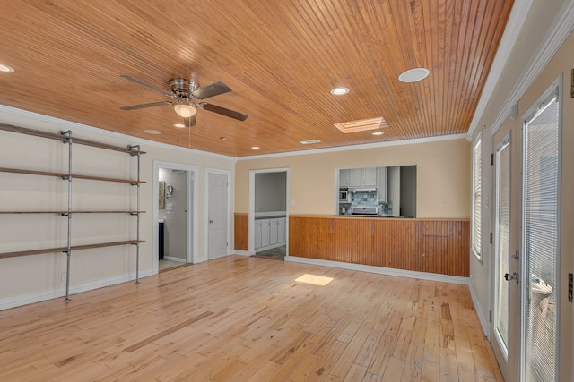 11502 Rupley Ln, Dallas, TX 75218 - spare room with ornamental molding, wooden ceiling, light wood-type flooring, a ceiling fan, and wainscoting