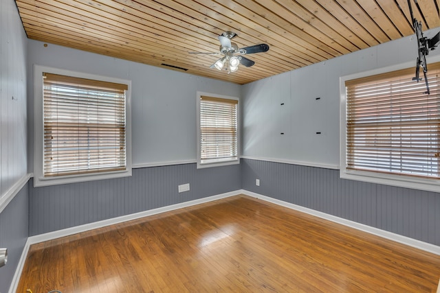 11502 Rupley Ln, Dallas, TX 75218 - unfurnished room featuring wood finished floors, ceiling fan, wainscoting, and wood ceiling