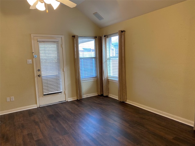2769 Sunlight Dr, Little Elm, TX 75068 - empty room featuring a ceiling fan, dark wood finished floors, and lofted ceiling