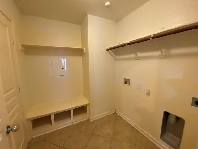 2769 Sunlight Dr, Little Elm, TX 75068 - laundry area featuring electric dryer hookup, tile patterned floors, washer hookup, gas dryer hookup, and electric panel