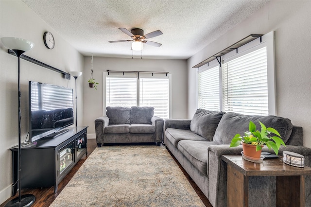 201 E Davis Ave, Alvarado, TX 76009 - living room featuring a ceiling fan, wood finished floors, a textured ceiling, and plenty of natural light