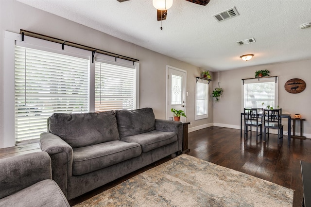201 E Davis Ave, Alvarado, TX 76009 - living room featuring dark wood-style flooring, a ceiling fan, and a textured ceiling