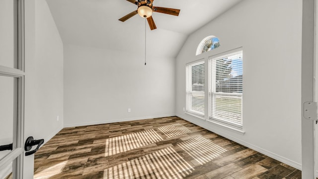 914 Randall Rd, Weatherford, TX 76087 - unfurnished room with a ceiling fan, vaulted ceiling, and wood finished floors
