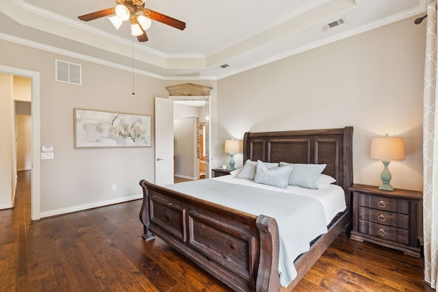 6044 Larkspur Ln, Frisco, TX 75036 - bedroom with hardwood / wood-style flooring, a raised ceiling, crown molding, and ceiling fan