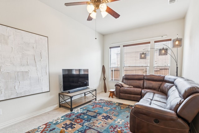 6044 Larkspur Ln, Frisco, TX 75036 - carpeted living area featuring a ceiling fan and vaulted ceiling
