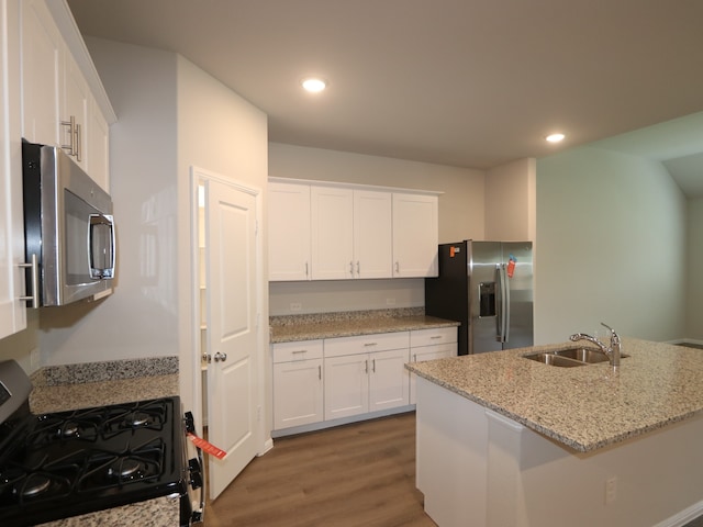 453 Forsyth Dr, Princeton, TX 75407 - kitchen featuring stainless steel appliances, white cabinets, wood finished floors, recessed lighting, and light stone counters