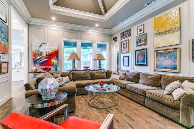 1600 Crockett Cir, Irving, TX 75038 - living area with crown molding, wood finished floors, a decorative wall, and recessed lighting