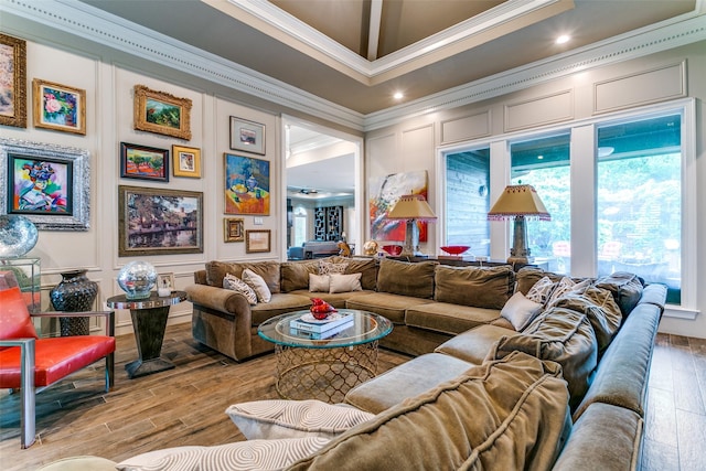 1600 Crockett Cir, Irving, TX 75038 - living room featuring ornamental molding, a decorative wall, wood finished floors, and recessed lighting