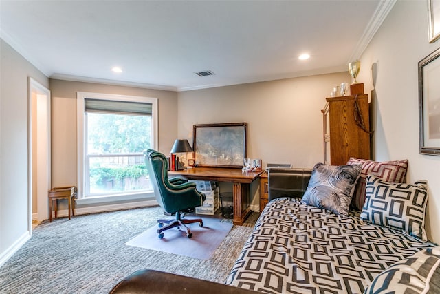 1600 Crockett Cir, Irving, TX 75038 - carpeted bedroom featuring crown molding, recessed lighting, and an office area